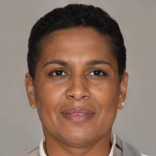 Joyful black adult female with short  brown hair and brown eyes