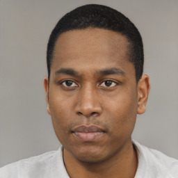 Neutral black young-adult male with short  black hair and brown eyes