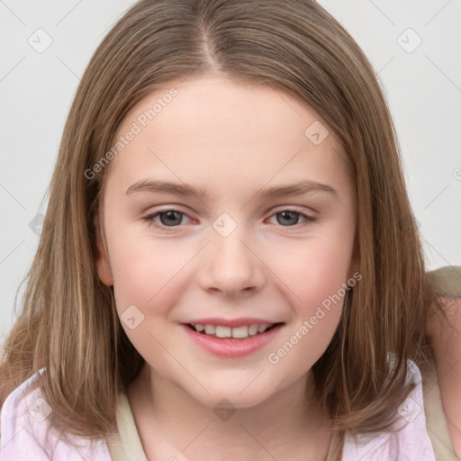 Joyful white child female with medium  brown hair and brown eyes