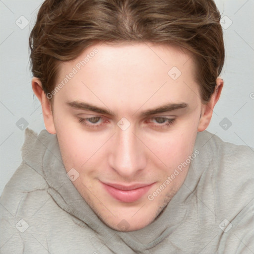 Joyful white young-adult female with short  brown hair and blue eyes