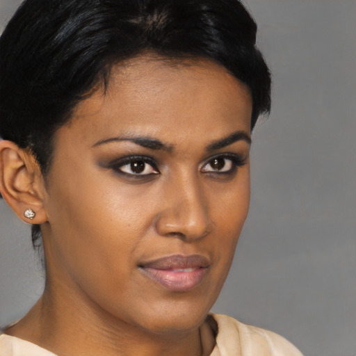 Neutral asian young-adult female with short  brown hair and brown eyes