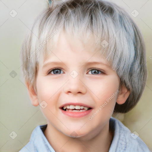 Joyful white child female with short  brown hair and blue eyes