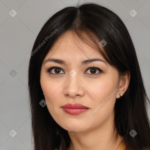 Joyful white young-adult female with medium  brown hair and brown eyes