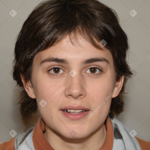 Neutral white young-adult female with medium  brown hair and brown eyes