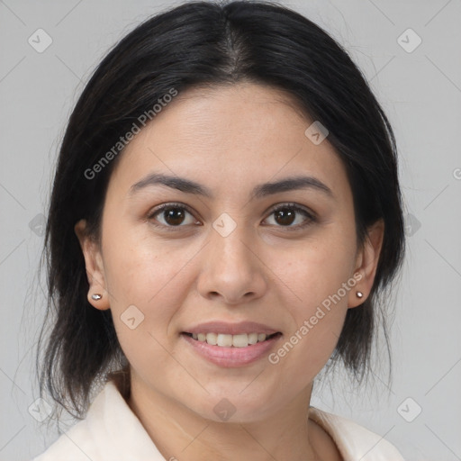 Joyful white young-adult female with medium  brown hair and brown eyes