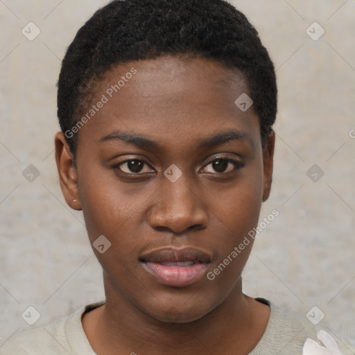 Neutral black young-adult female with short  black hair and brown eyes