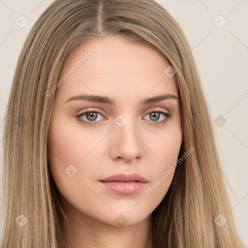 Neutral white young-adult female with long  brown hair and brown eyes