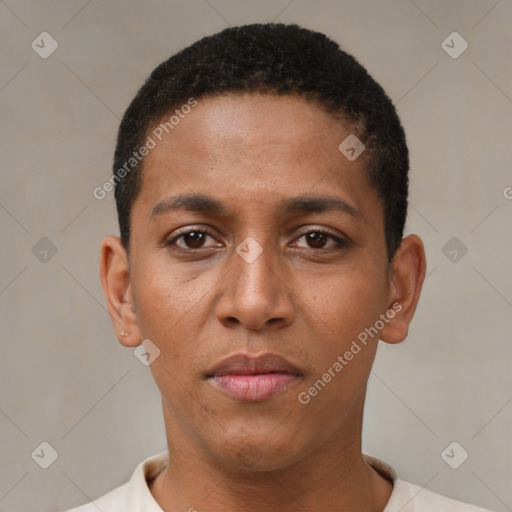 Neutral black young-adult male with short  black hair and brown eyes