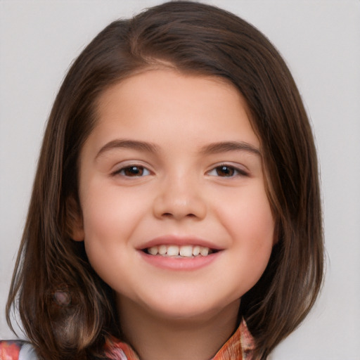 Joyful white child female with medium  brown hair and brown eyes