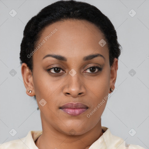 Joyful latino young-adult female with short  brown hair and brown eyes