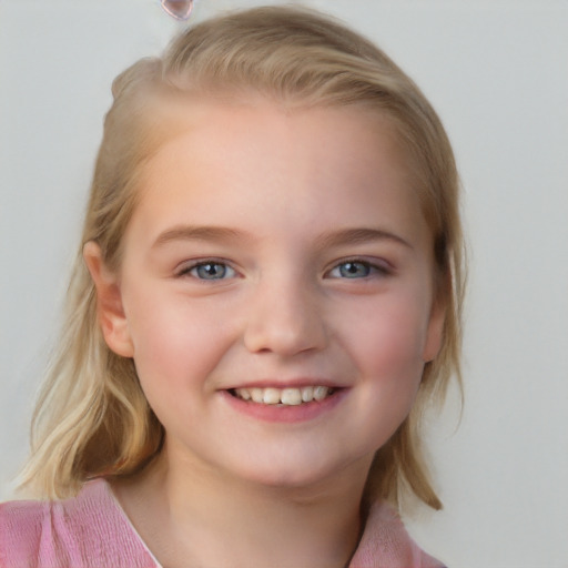 Joyful white child female with medium  brown hair and blue eyes