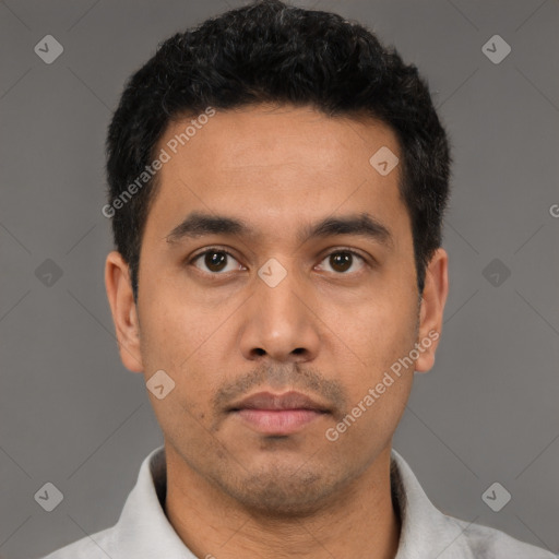 Neutral latino young-adult male with short  black hair and brown eyes