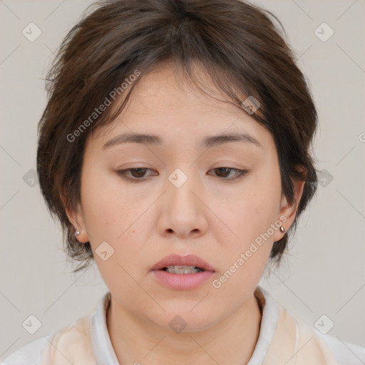 Neutral white young-adult female with medium  brown hair and brown eyes