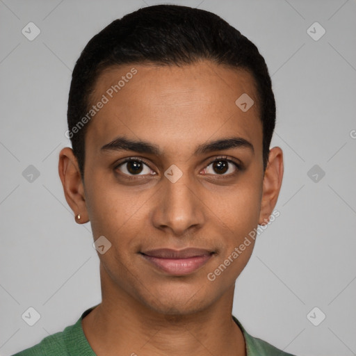 Joyful latino young-adult male with short  brown hair and brown eyes