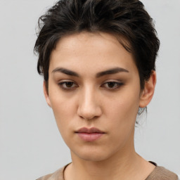 Neutral white young-adult female with short  brown hair and brown eyes