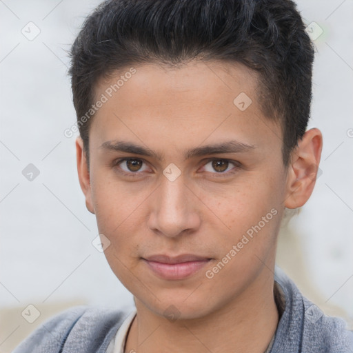 Neutral white young-adult male with short  brown hair and brown eyes