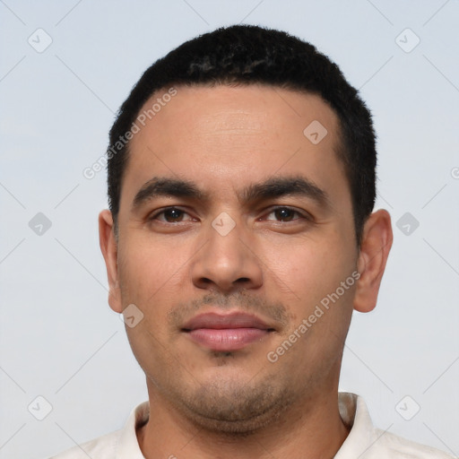 Neutral latino young-adult male with short  black hair and brown eyes