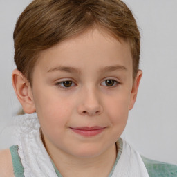 Joyful white child female with short  brown hair and brown eyes