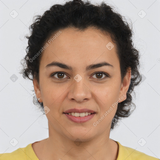 Joyful latino young-adult female with short  brown hair and brown eyes