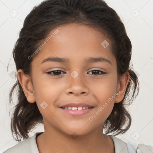 Joyful white child female with medium  brown hair and brown eyes