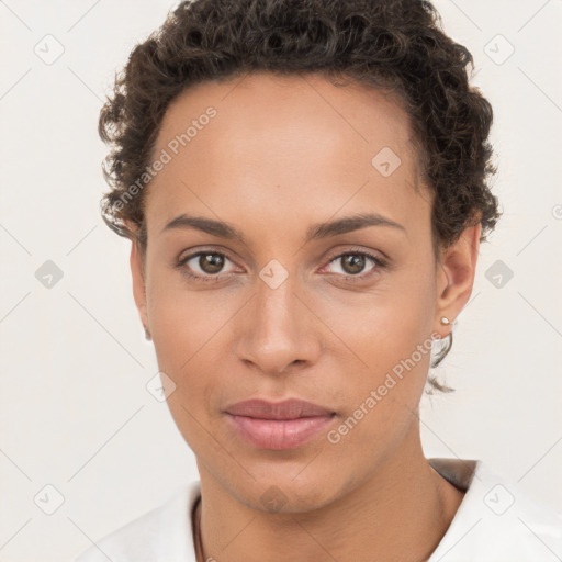 Neutral white young-adult female with short  brown hair and brown eyes