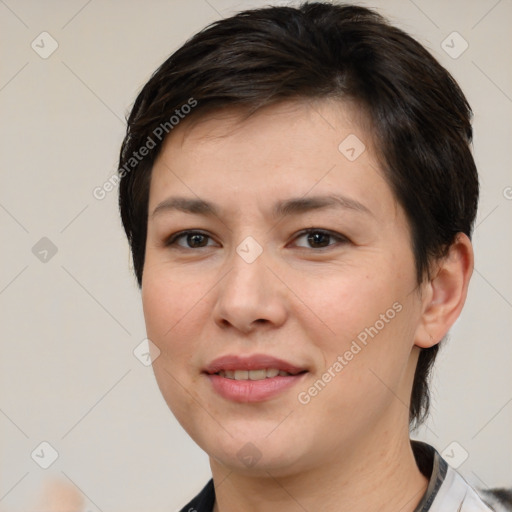 Joyful white young-adult female with medium  brown hair and brown eyes