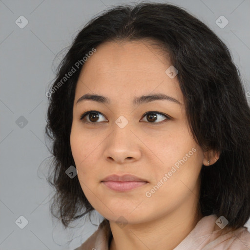 Neutral asian young-adult female with medium  brown hair and brown eyes