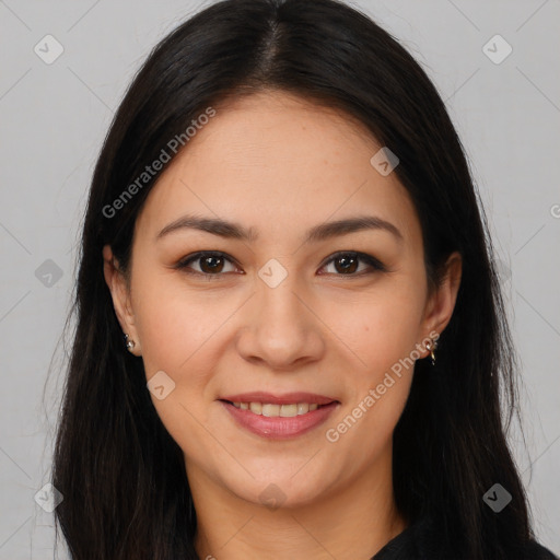 Joyful white young-adult female with long  brown hair and brown eyes