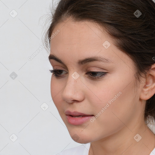 Neutral white young-adult female with medium  brown hair and brown eyes