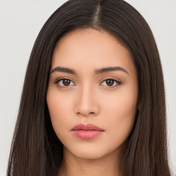 Neutral asian young-adult female with long  brown hair and brown eyes