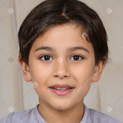 Joyful white child female with medium  brown hair and brown eyes