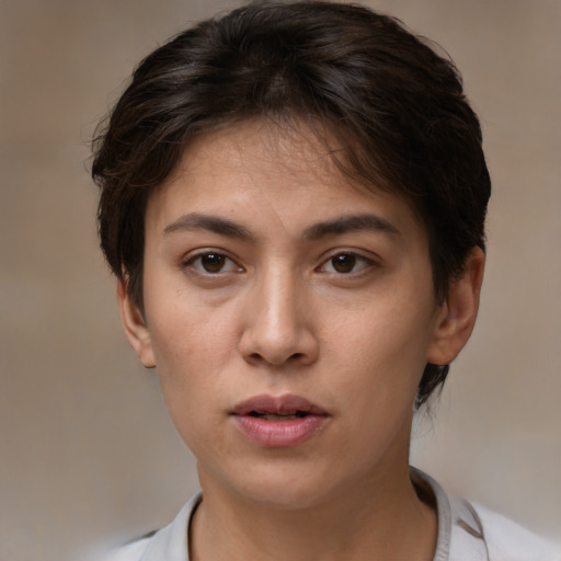 Neutral white young-adult female with short  brown hair and brown eyes
