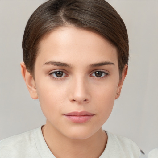 Neutral white young-adult female with short  brown hair and brown eyes