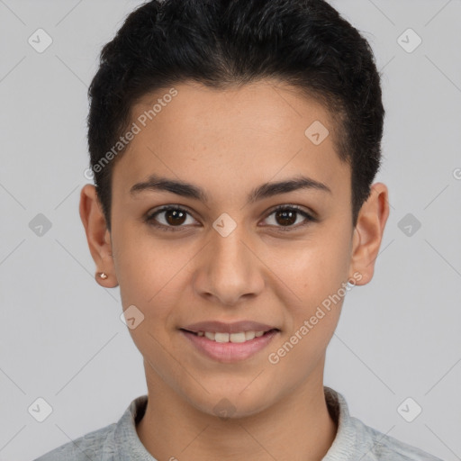 Joyful latino young-adult female with short  brown hair and brown eyes