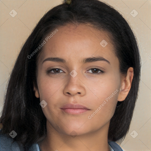 Neutral white young-adult female with long  black hair and brown eyes