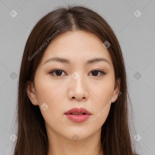 Neutral white young-adult female with long  brown hair and brown eyes