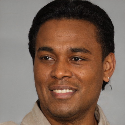 Joyful black adult male with short  brown hair and brown eyes