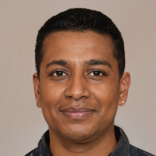 Joyful latino adult male with short  black hair and brown eyes