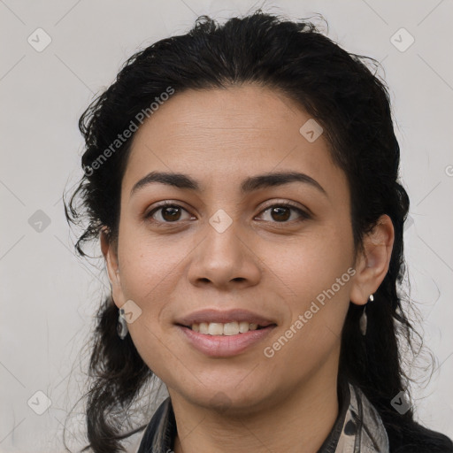 Joyful latino young-adult female with long  brown hair and brown eyes