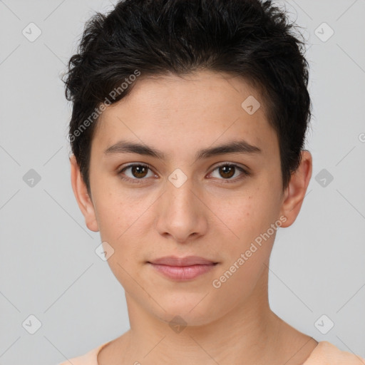 Joyful white young-adult female with short  brown hair and brown eyes