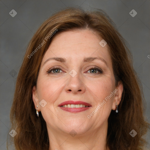 Joyful white adult female with medium  brown hair and brown eyes