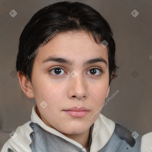 Neutral white young-adult female with short  brown hair and brown eyes