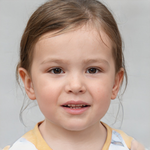 Joyful white child female with medium  brown hair and brown eyes