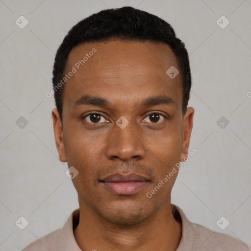 Neutral black young-adult male with short  black hair and brown eyes
