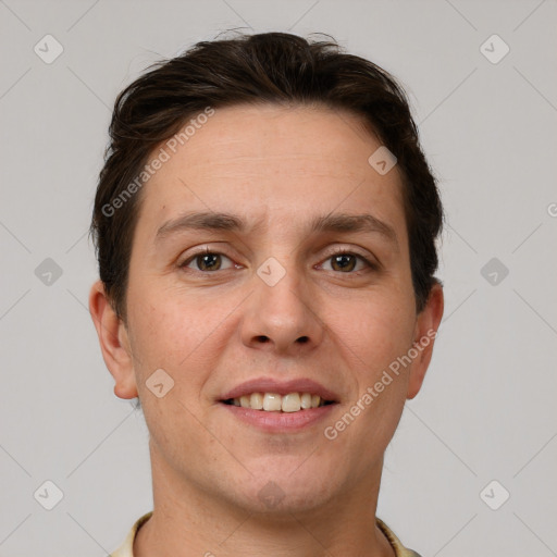 Joyful white young-adult female with short  brown hair and grey eyes