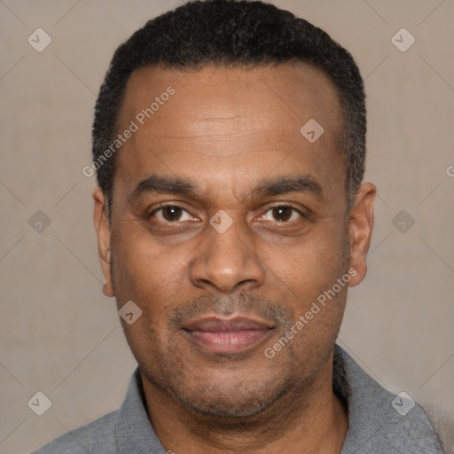 Joyful black adult male with short  black hair and brown eyes