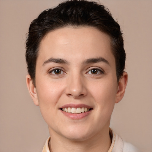 Joyful white young-adult female with short  brown hair and brown eyes