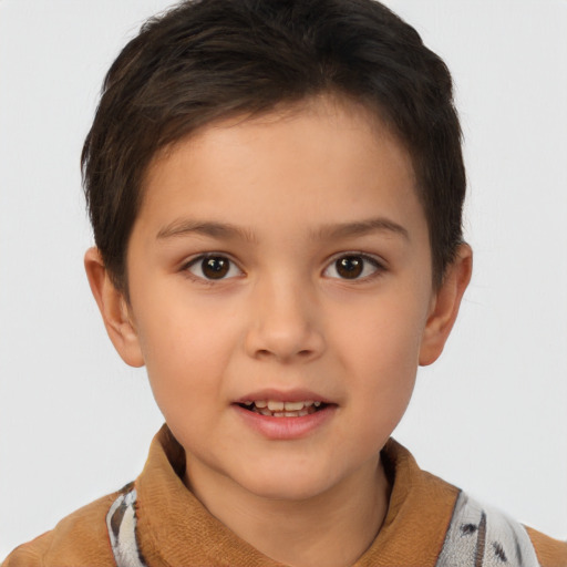 Joyful white child female with short  brown hair and brown eyes