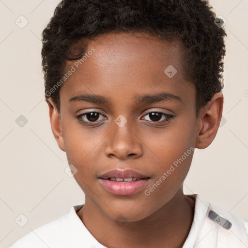 Joyful white child female with short  brown hair and brown eyes