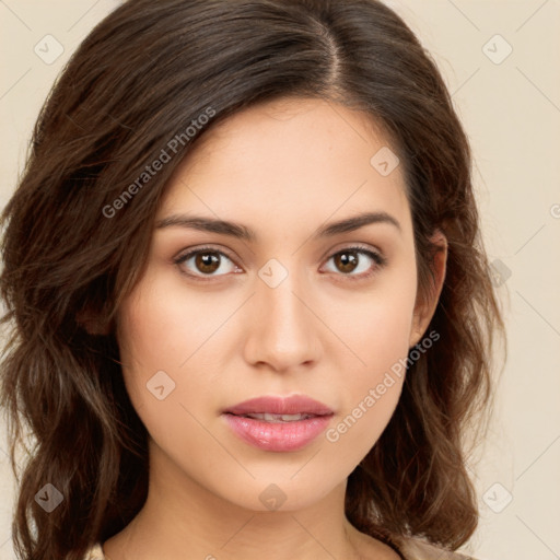 Neutral white young-adult female with medium  brown hair and brown eyes